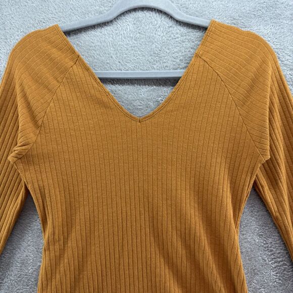 Maeve by Anthropologie Top Women S Mustard Rib Knit Surplice V-Neck Long Sleeve - Picture 6 of 13